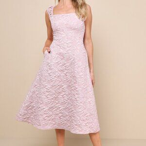 Lulus Springtime Aura Mauve Jacquard Lace-up Midi Dress With Pockets Pink